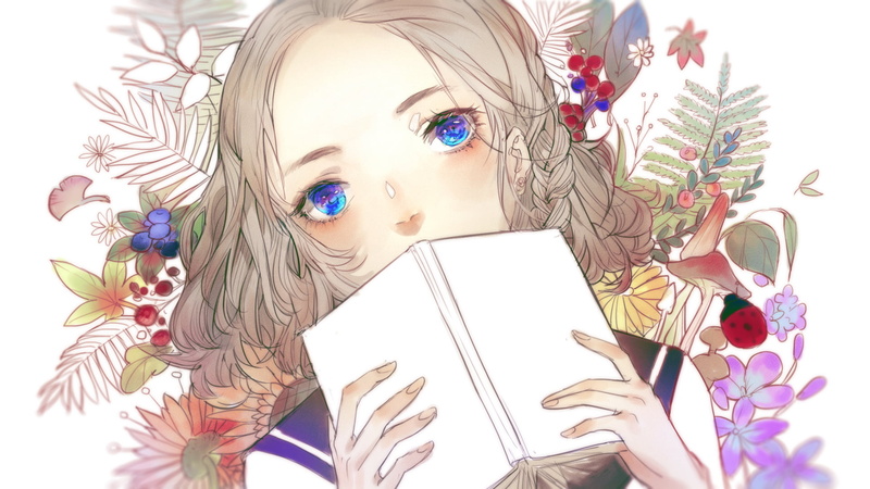 short hair, Sailor suit, flowers, mushroom, books, 1080P, anime girls, blue eyes, white background, anime, earring, ladybugs, blonde