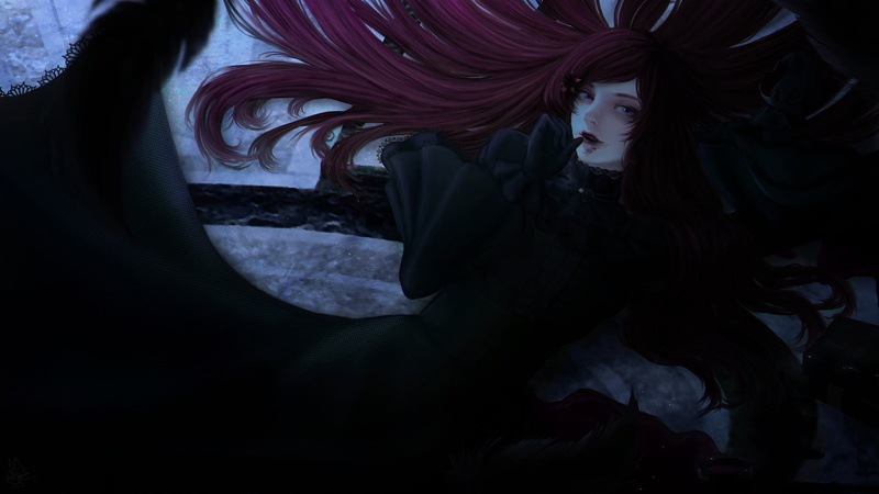 readhead, women, digital art, black gloves, black suit, 1080P, blue eyes, fantasy girl, long hair, feathers