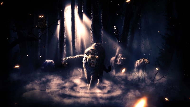 forest, animals, dark, owls, lions, tigers, evil, hd, 2K, bears, x, monkeys, art, artwork