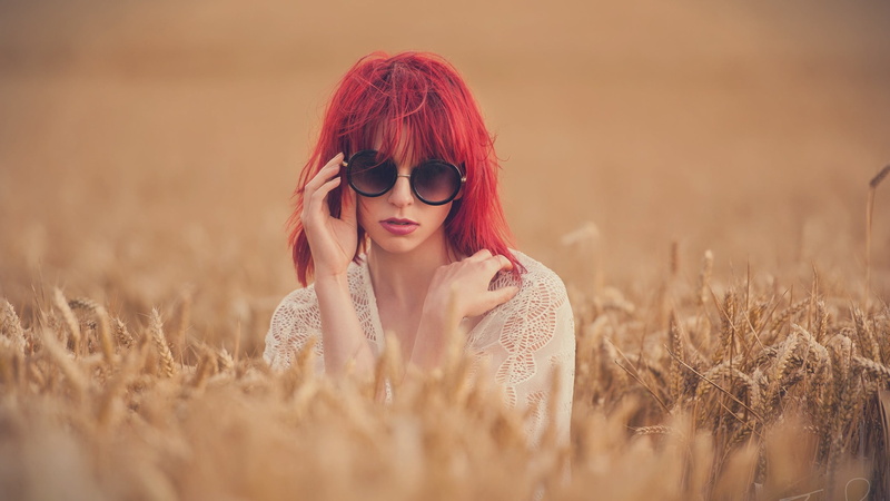 sunglasses, adult, spikelets, beauty, face, women outdoors, grain, women with glasses, beautiful people, beautiful woman, hands, rural scene, fashion, redhead