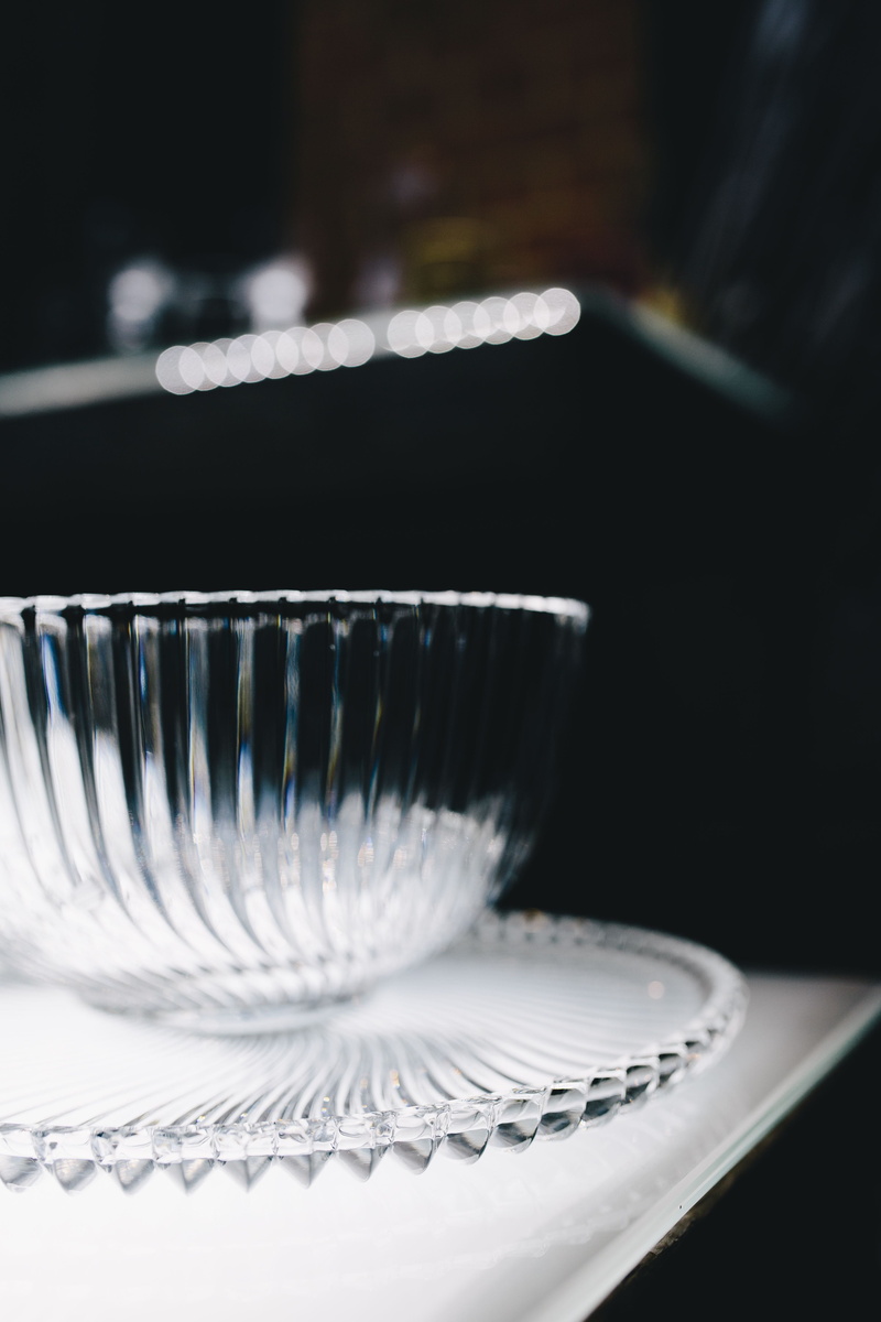 no people, focus on foreground, crystal, elegance, handmade, restaurant, black background, porcelain, household equipment, crockery, food, cup, tray, day