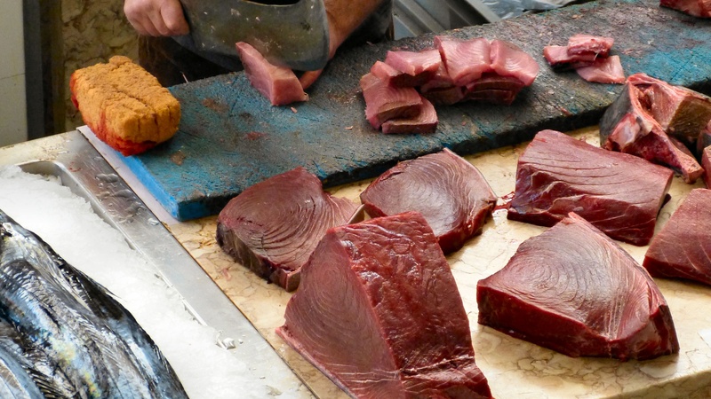 occupation, butcher, cutting board, tuna, meat, madeira, table, market stall, indoors, raw food, portugal, beef, red meat, funchal, retail, market, preparing food