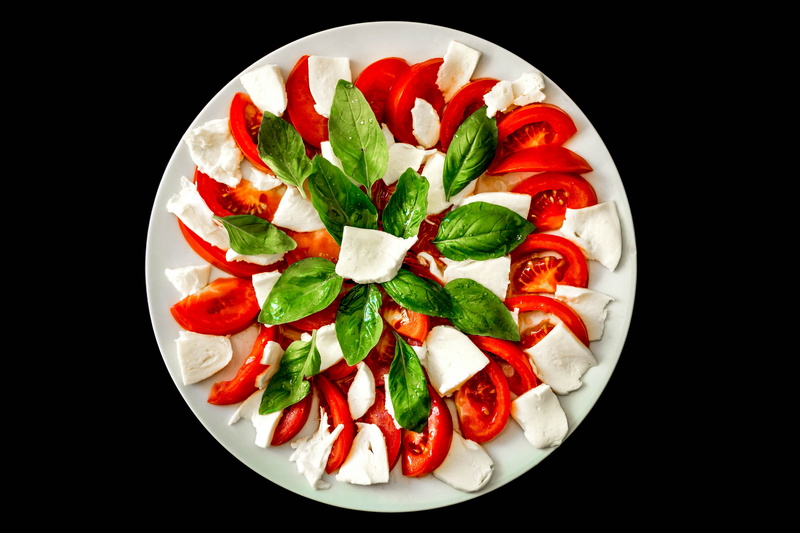 salad, freshness, chopped, indoors, cuisine, red, still life, wellbeing, caprese salad, cut out, vegetable, food, food and drink, 4K, cheese, studio shot