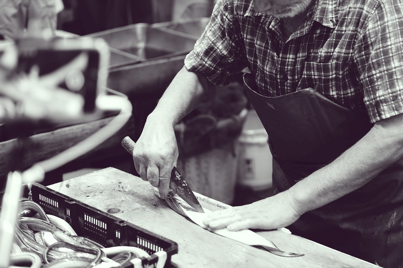 guy, workshop, beside, freshness, skill, apron, art and craft, 2K, checked, using, pinafore, man, working, fish, butcher, standing, food preparation, food
