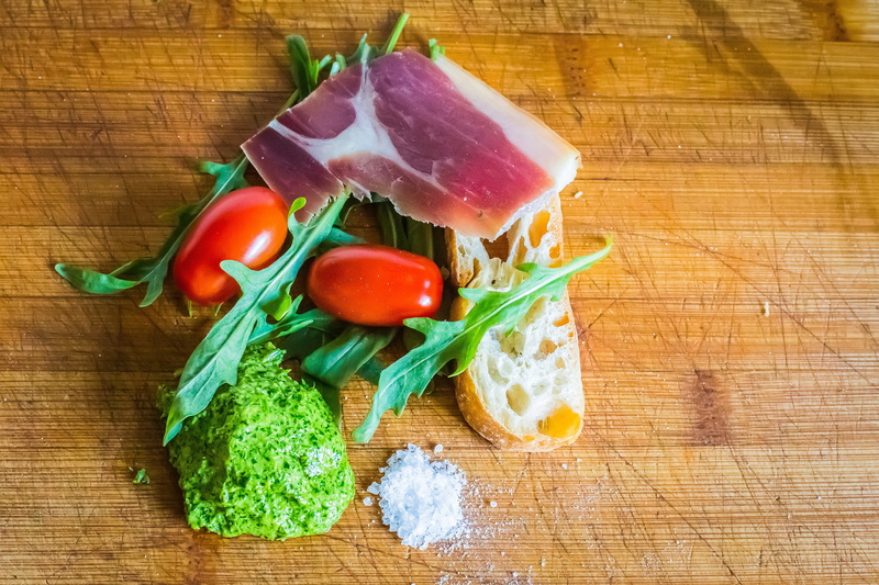 pesto, vegetable, food, directly above, wellbeing, red, tomato, herb, cutting board, 4K, meal, close-up, no people, table, indoors, high angle view, fruit