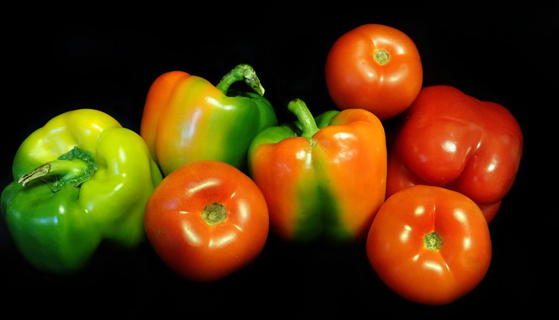still life, multi colored, freshness, vegetable, raw food, ripe, black background, cooking, studio shot, close-up, healthy, red, healthy eating, 2K, green color