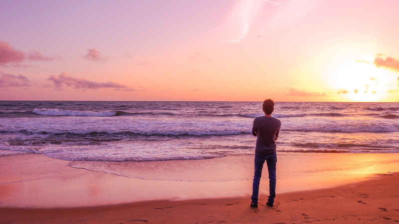 sea, standing, guy, outdoors, teen, orange, beach, sand, rear view, ocean, nature, photo, sunset, sky, full length, leisure activity, horizon over water