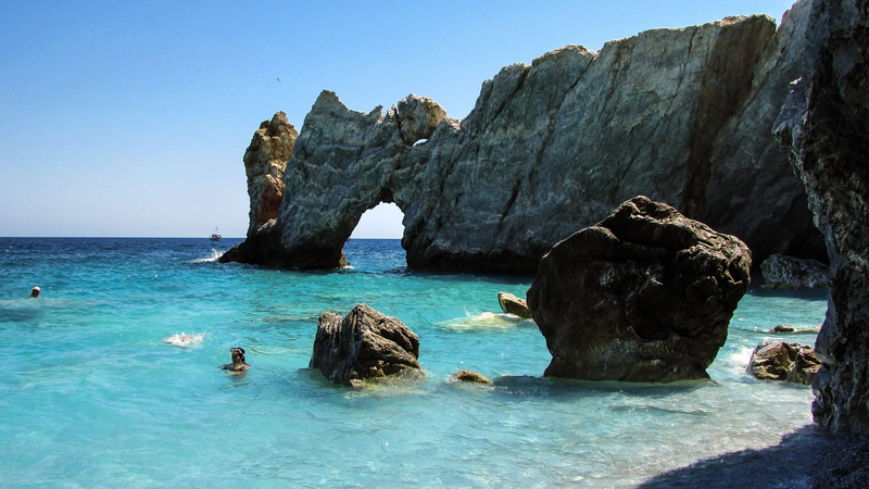 island, arch, rock - object, mediterranean, rock, natural arch, stack rock, scenics, tourism, tranquility, turquoise colored, Beach, Greece, water, Beach