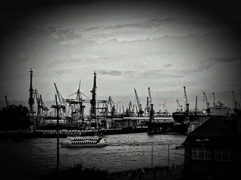 2K, city, hamburg landungsbrücken, landungsbrücken, port city, machinery, commercial dock, sailboat, ships, vignette, northern germany, harbor, port, industry