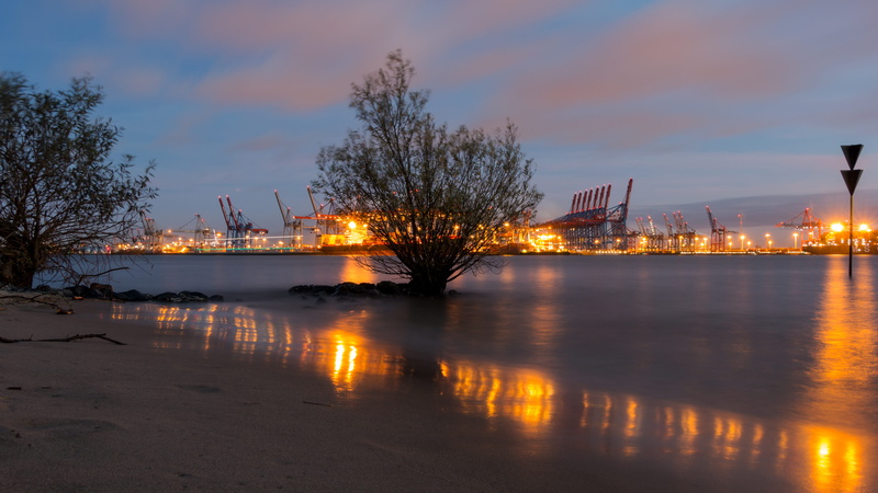 water, elbe, illuminated, evening light, built structure, lighting equipment, no people, ship, elbe beach, lights, outdoors, sky, crane - construction machinery
