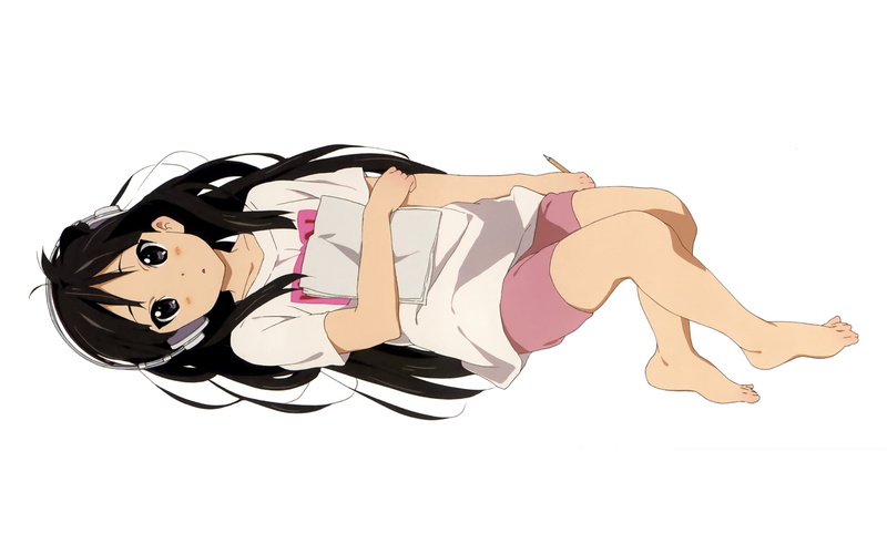 black, shirt, blue, 2K, shorts, akiyama, headphones, mio, barefoot, hair, duplicate, eyes, k on
