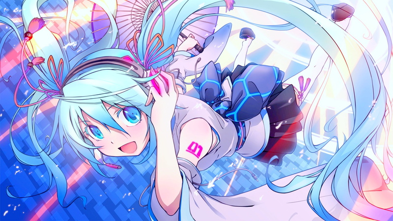 umbrella, twintails, long, headphones, skirt, thighhighs, microphone, vocaloid, eyes, 1080P, bow, miku, hatsune, blue, duplicate, hair