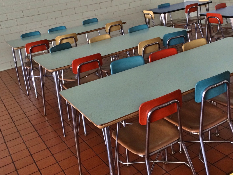 school building, lunch, furniture, school, education, cafe, blue, tables, learning, table, empty, absence, classroom, indoors, chair, in a row, blue, 2K