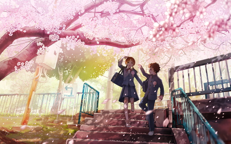 (sodium), seifuku, original, outdoors, male, konachan, leisure activity, railing, springtime, women, com, day, full length, flower, freshness, blossom