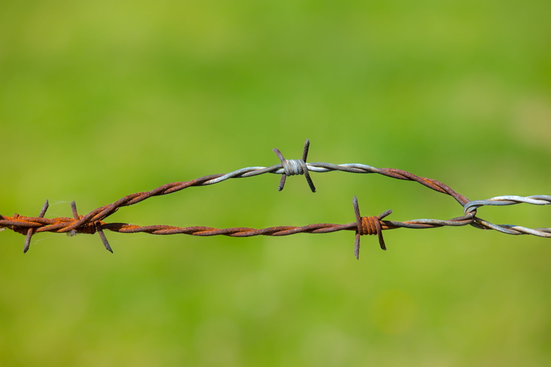 spiked, outdoors, barrier, old, protection, pasture fence, 5K, green, boundary, warning sign, demarcation, rusted, no people, pasture, metal, depth of field