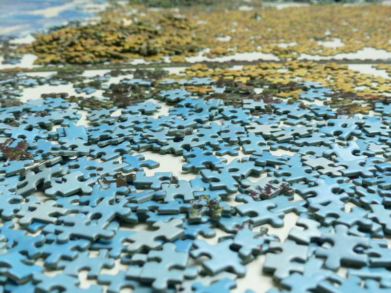 share, build, jigsaw puzzle, no people, Particles, blue, selective focus, large group of objects, jigsaw piece, tricky, indoors, difficult, patience, day