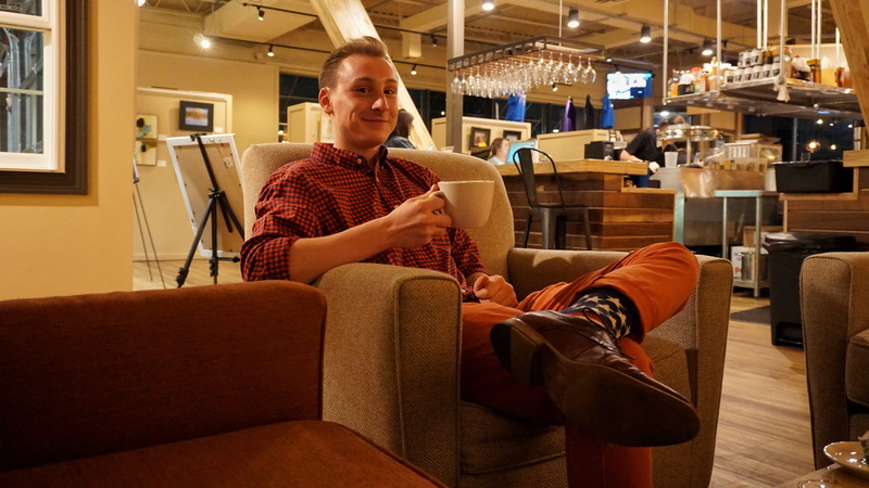 wood, furniture, adult, seat, looking at camera, coffee, relaxation, coffeeshop, casual clothing, united states, grin, lawrence ks, computer, plywood, person