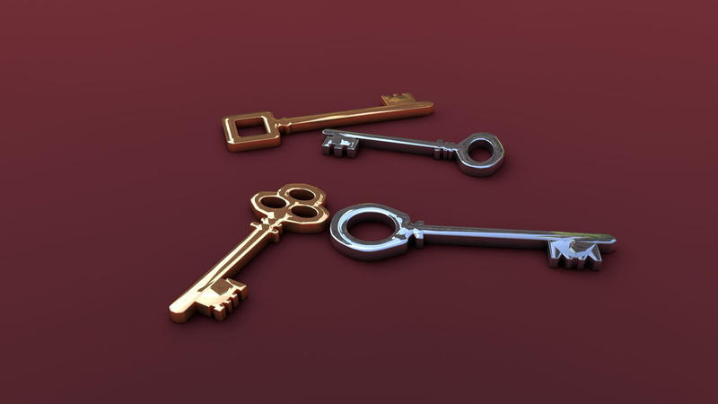 red, key, indoors, red background, safety, gold, silver colored, aggression, high angle view, 1080P, directly above, cut out, technology, silver - metal