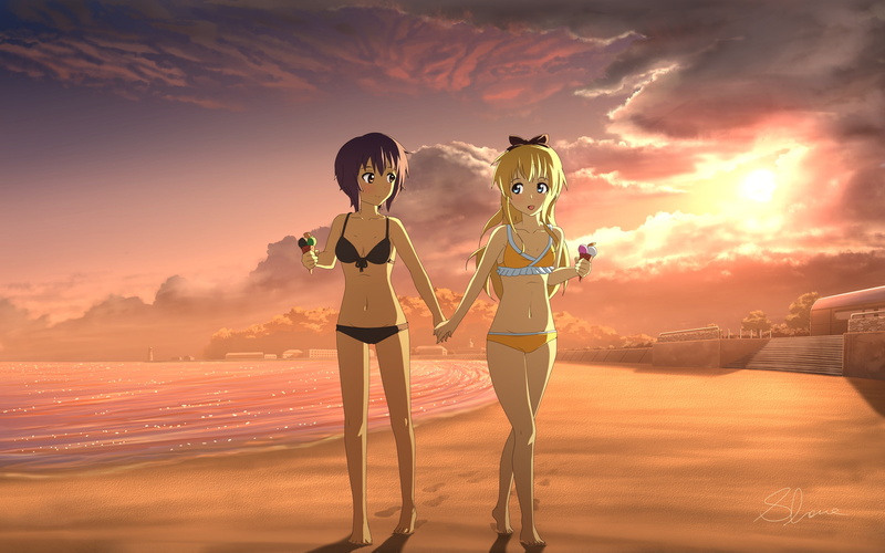yuri, yui, black, kyouko, hair, yuru, beach, funami, girls, blonde, toshinou, 2K