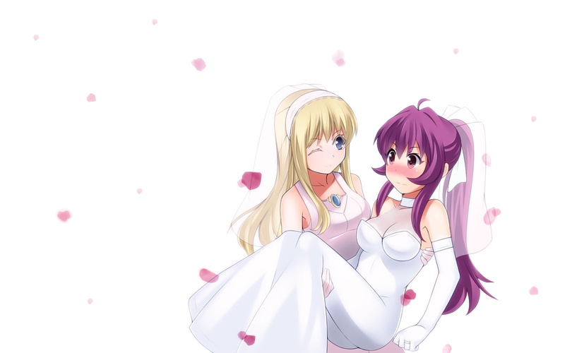 720P, long, toshinou, elbow, wink, gloves, dress, yuri, kyouko, girls, sugiura, hair, hevn, yuru, wedding, white, blush, ayano