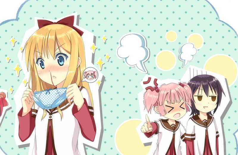 hair, yuru, black, pink, nosebleed, blush, blonde, yuri, girls, red, 1080P, akaza, toshinou, akari, kyouko, yui, funami, seifuku