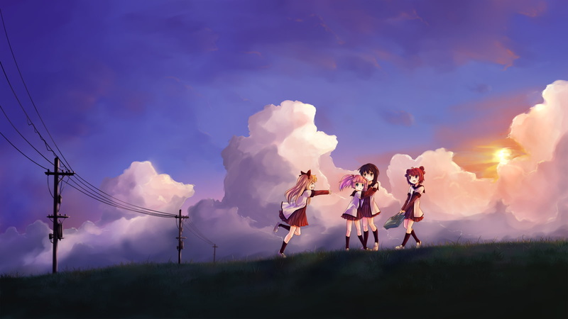 brown, akari, hair, twintails, pink, yuri, yuru, clouds, kneehighs, dzc23, seifuku, funami, akaza, 720P, toshinou, red, bow, yui, blonde, kyouko, sky