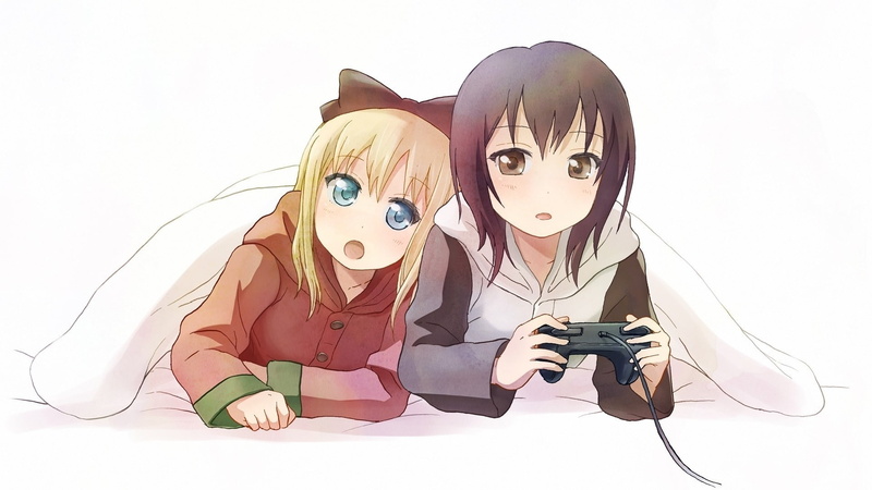 small, males, humor, technology, people, girls, body part, smiling, females, togetherness, cute, women, child, portrait, human face, 1080P, men, yuru yuri toshinou kyouko funami yui