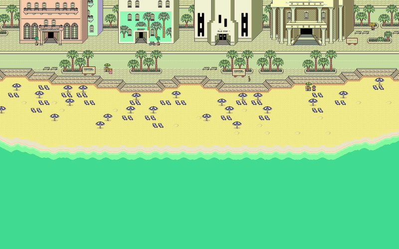 indoors, painting, large group of objects, pixels, close-up, 720P, beach, paper, water, green color, pattern, waterfront, Earthbound, nature, built structure