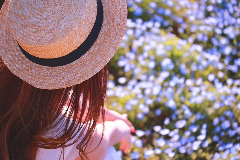 1080P, hair, nature, leisure activity, plant, field, blue flower, long hair, caucasian Ethnicity, sunlight, people, focus on foreground, human hair, beautiful