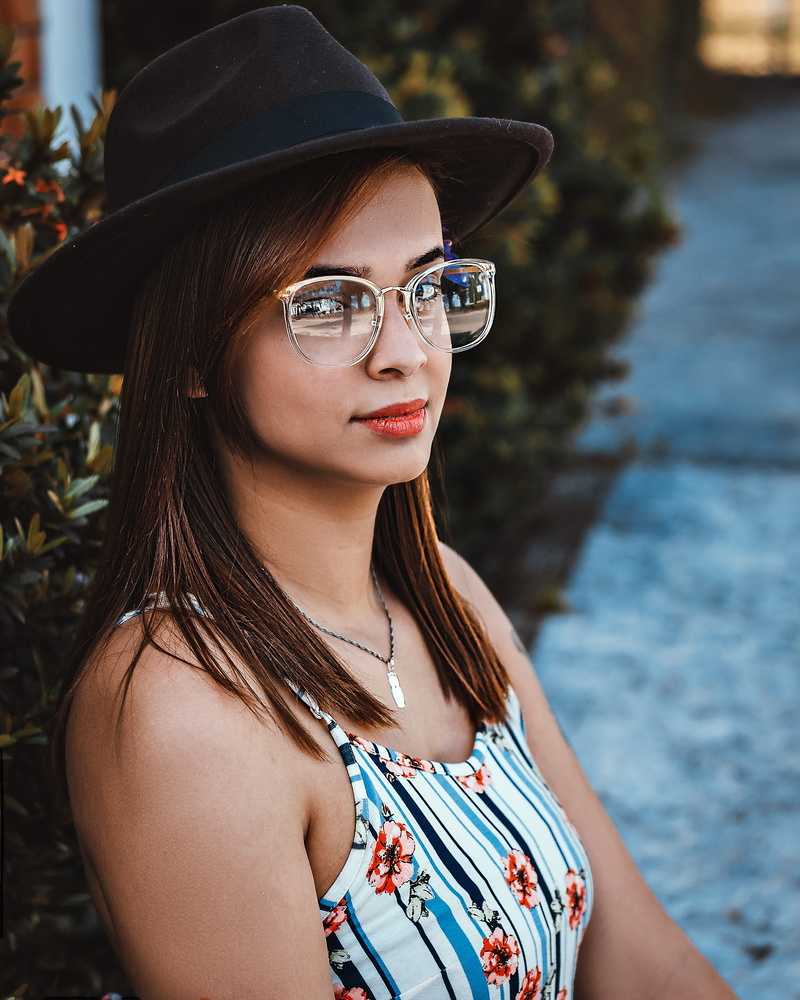headshot, beauty, hat, hairstyle, black, blue, teenager, cute, daylight, clothing, eyewear, floral, real people, fashion, outdoors, tank, beautiful woman