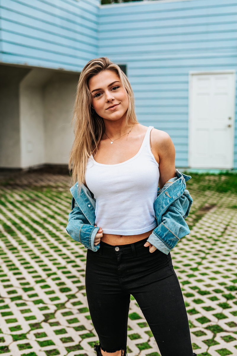 hairstyle, tank, white, door, architecture, outdoors, house, portrait, woman, beauty, jacket, beautiful woman, denim, wearing, hair, city, long hair, 5K