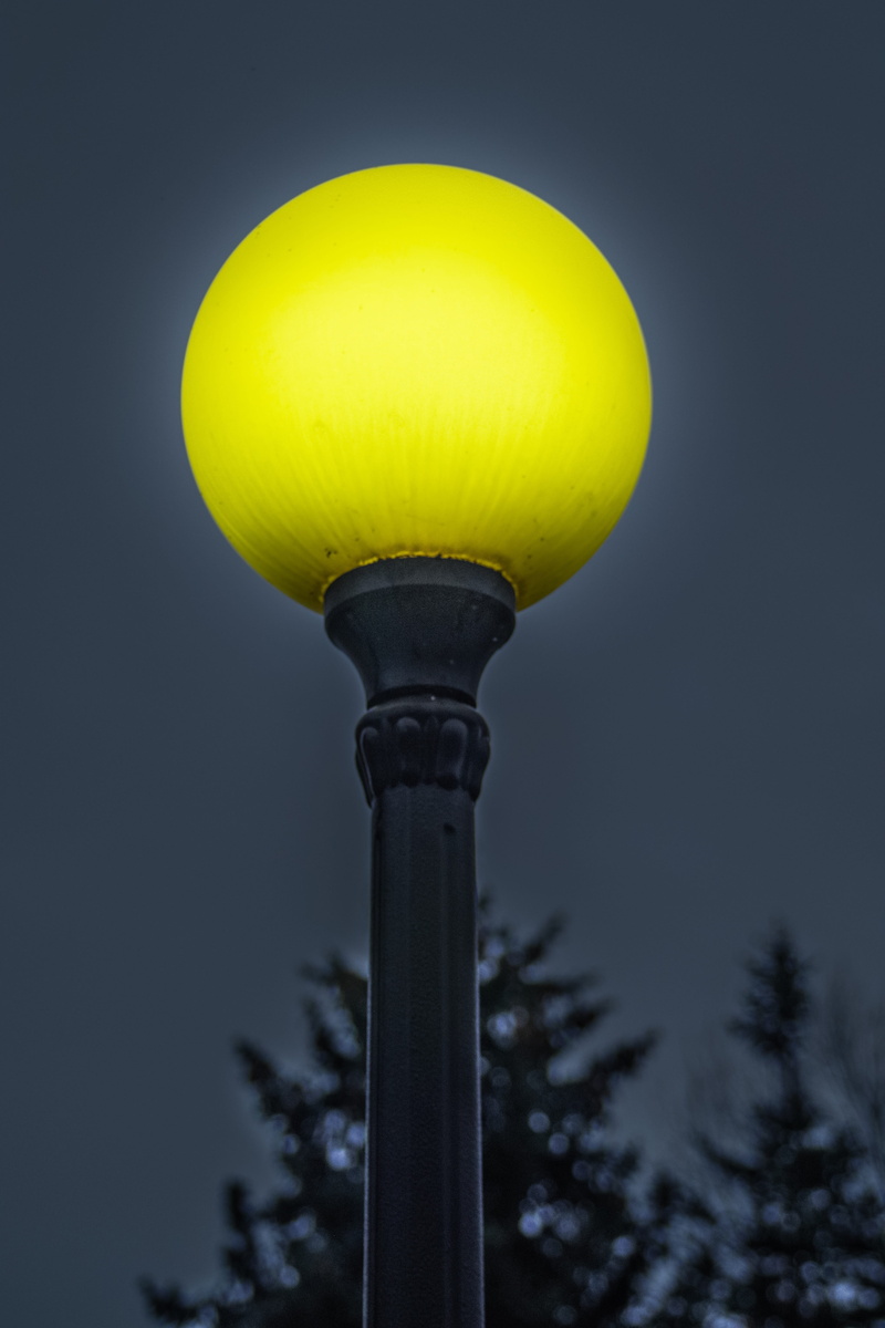 yellow, pole, green color, street, tree, lighting equipment, dark, single object, electric lamp, 5K, illuminated, nature, lantern, no people, outdoors