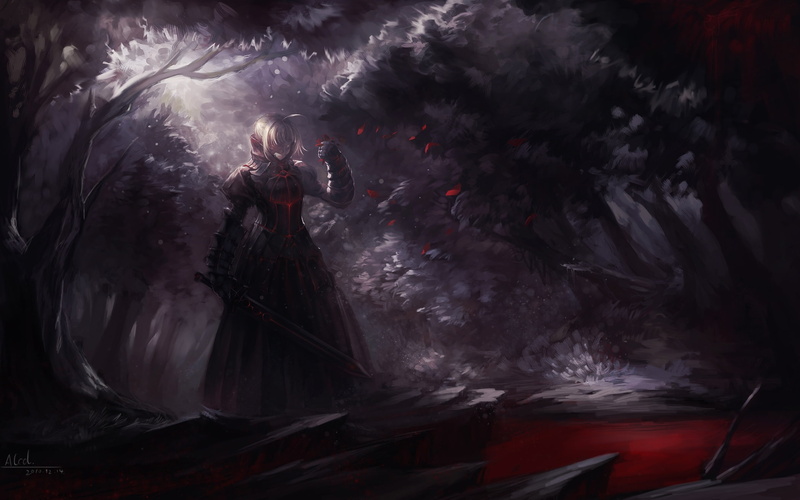 angry expression, fate stay night, armor, Anime, dark forest, saber alter, sword, 1080P