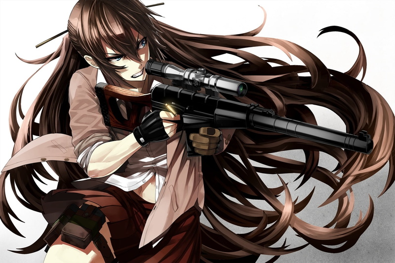 white background, young adult, sniper, sport, long hair, Anime, front view, anime girl, clothing, weapon, holding, metal, angry expression, protection