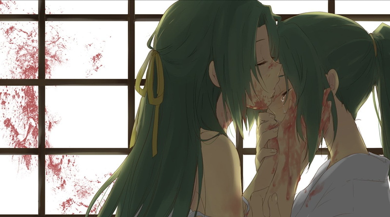 Blood, When They Cry, glass - material, nature, indoors, Higurashi When They Cry, clothing, sculpture, Tears, Green Hair, close-up, Sonozaki Mion, creativity