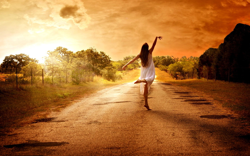 dances, girl, legs, female, evening, landscape, natur, sweet, hands, clouds, pretty, road, woman, 2K, hair