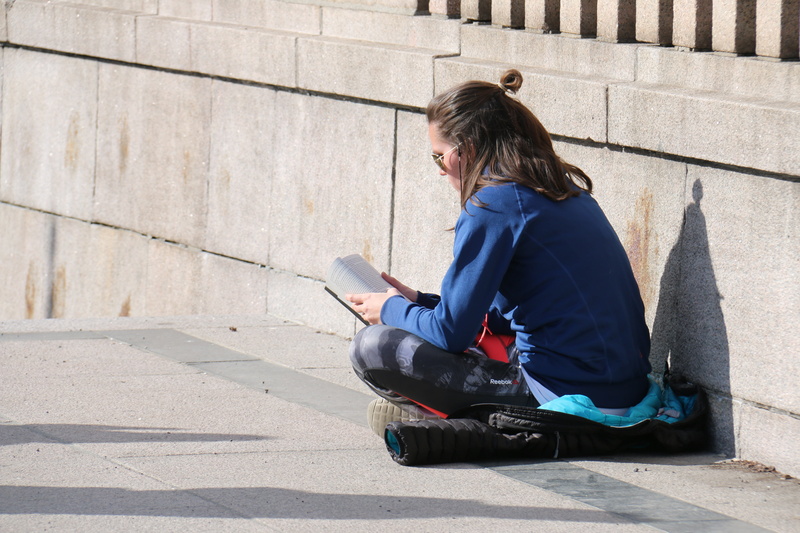 tranquility, woman, hairstyle, outdoors, shadow, jacket, side view, adult, denim, day, 5K, one person, digital tablet, architecture, built structure, connection