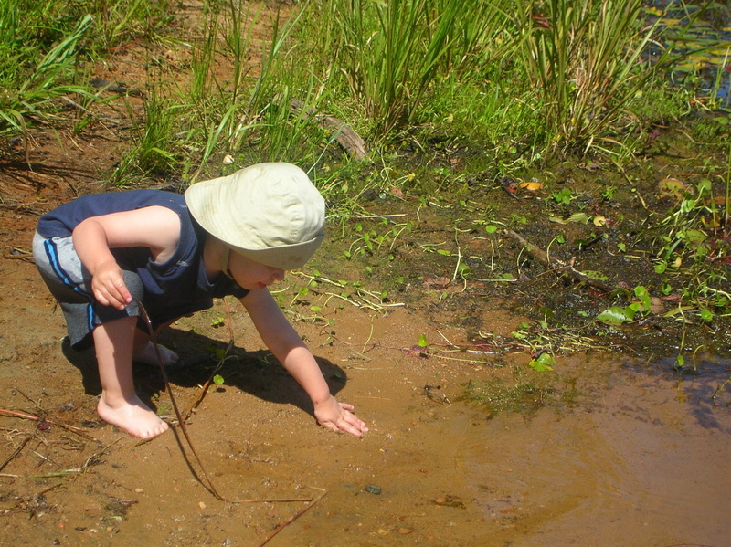 lifestyles, dirty, casual clothing, land, environment, bending, nature, boy with hat, water, hat, play, plant, holding, toddler, mud, playing in mud, working
