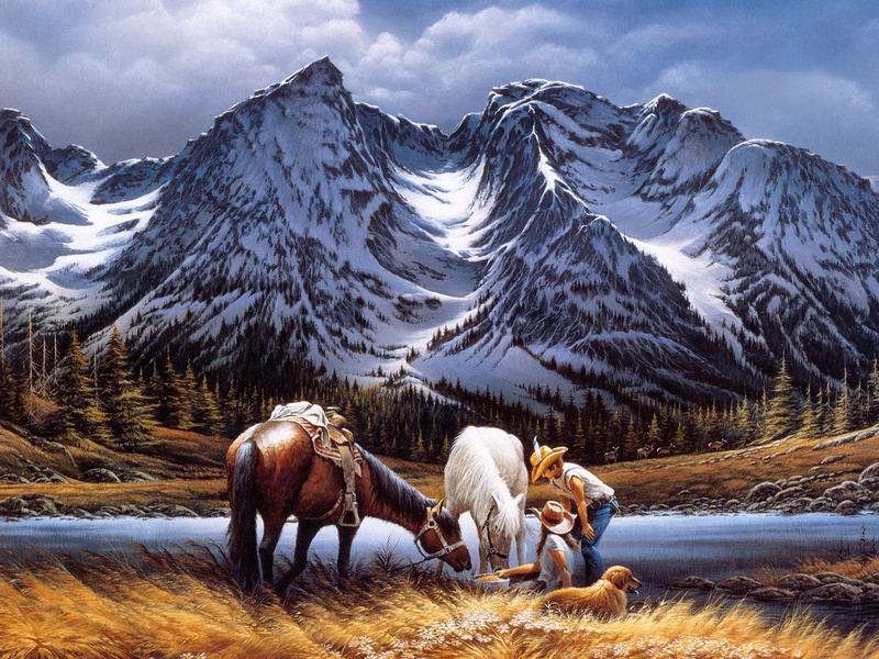 720P, woman, illustration, golden, animal, two, landscape, horse, nature, snow, retriever, mountain, man, outdoors, horses, one