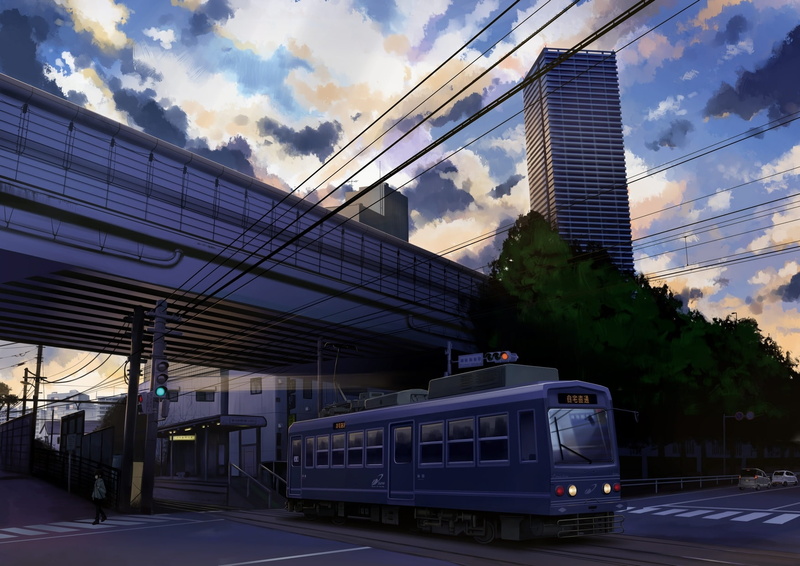 city, 720P, scenic, com, konachan, request, sky, 239306, train, translation, car, original, gensuke, building, tree, clouds