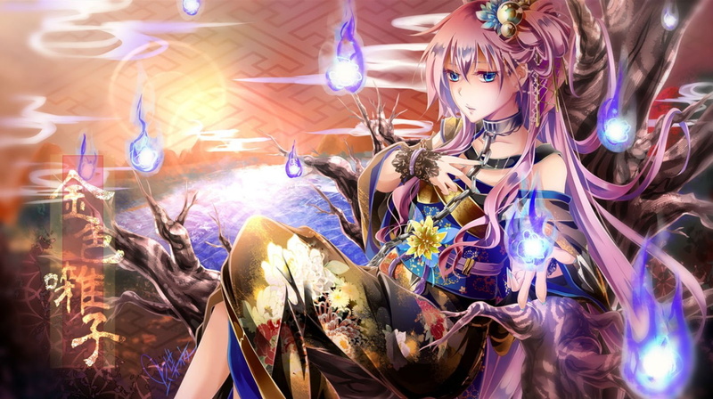 720P, pink, chain, megurine, clothes, collar, long, kimono, hair, japanese, luka, request, blue, wristwear, tyouya, eyes, vocaloid, translation, tree
