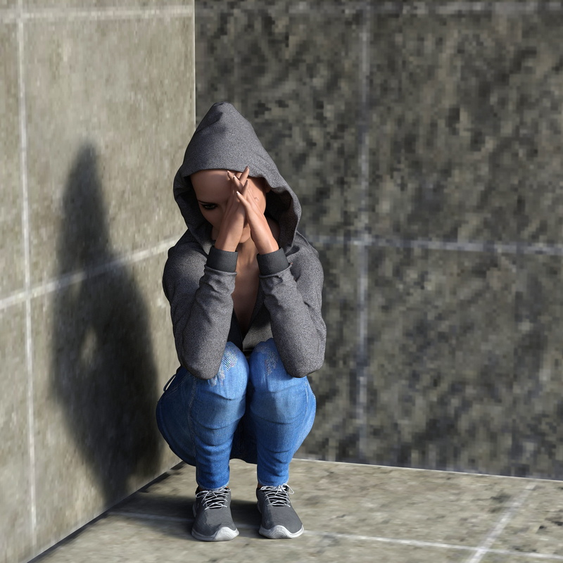depression - sadness, despair, wall - building feature, woman, hood, child, sit, hooded shirt, hood - clothing, casual clothing, jeans, 2K, exhausted