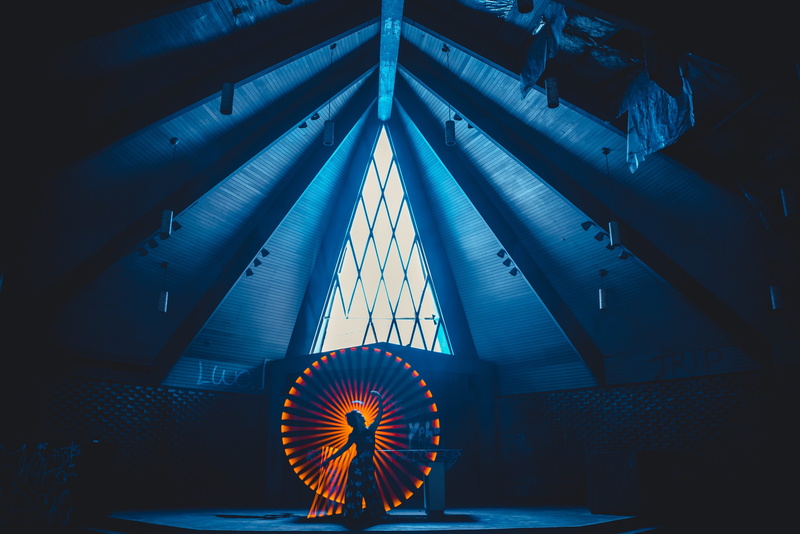 circle, time-lapse, metal, long exposure, lighting equipment, decor, building, black, no people, built structure, night, ceiling, wooden, low angle view