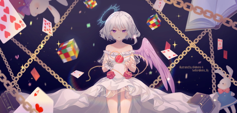 Anime, Dice, Girl, 1080P, Angel, Original, Chain, Card, Rubiks Cube
