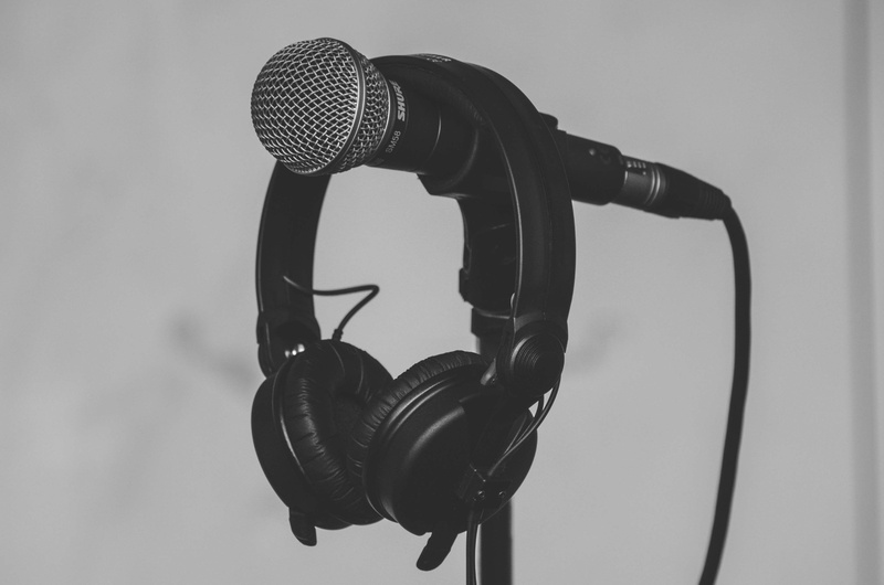 studio, audio, communication, speech, input device, technology, music, focus on foreground, recording, black and white, headphones, indoors, sound recording