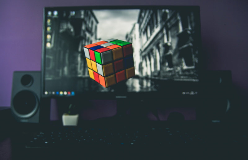 computer monitor, levitating, 5K, magic, indoors, toy, front, floating, s, color, music, day, sound recording equipment, flat, rubik, communication, multi colored