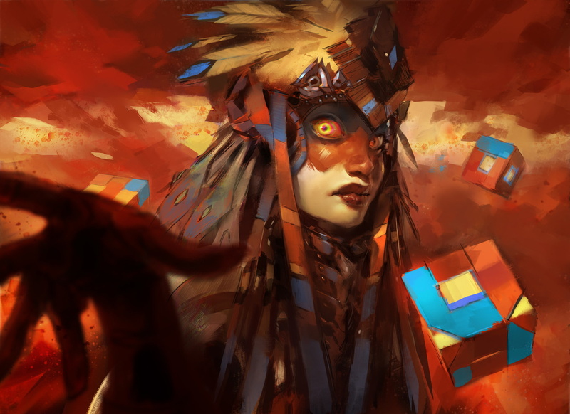 fantasy art, 1080P, magic, face paint, feathers, cube