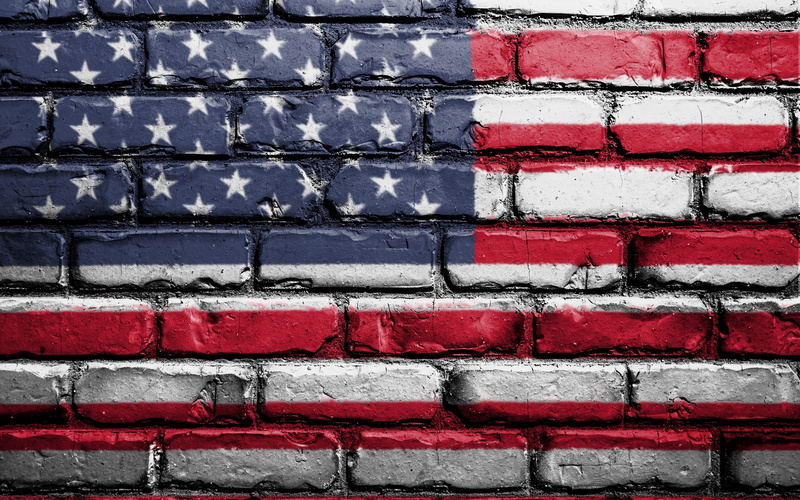street art, red, white, 4k ultra hd background, USA, wall, textures, America, blue, 4K, flag, paint, brick, art, symbolism