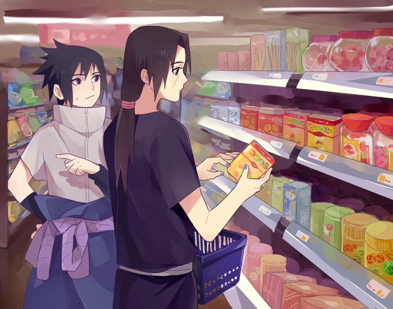 business, communication, consumerism, sale, indoors, two people, waist up, retail, choice, variation, naruto, standing, lifestyles, young men, uchiha sasuke