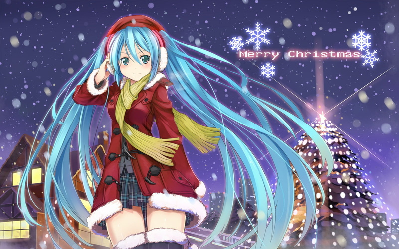 illuminated, outdoors, celebration, art and craft, snowing, Vocaloid, standing, anime girls, anime, cold temperature, blue hair, clothing, portrait, young women